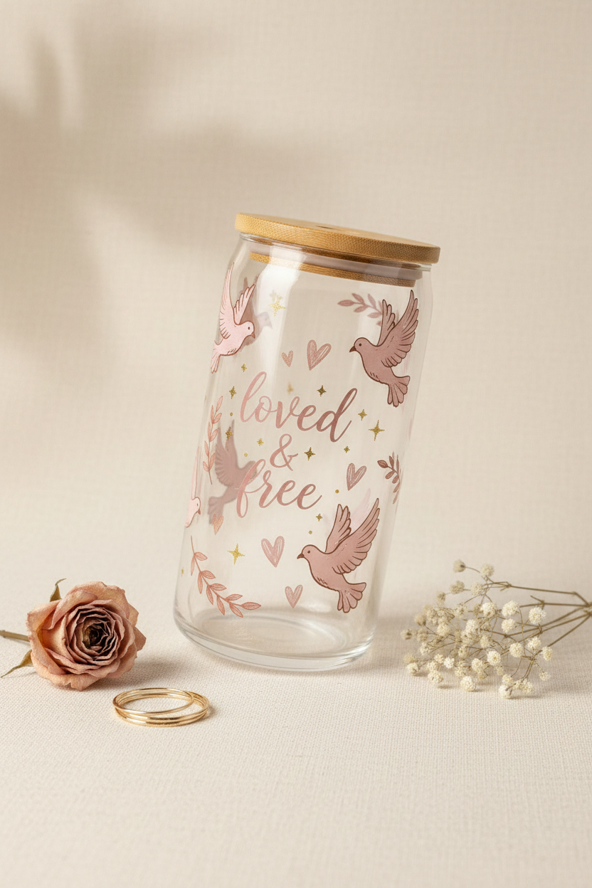 LOVED & FREE clear glass bamboo lid tumbler angled shot on cream linen with baby's breath and gold rings
