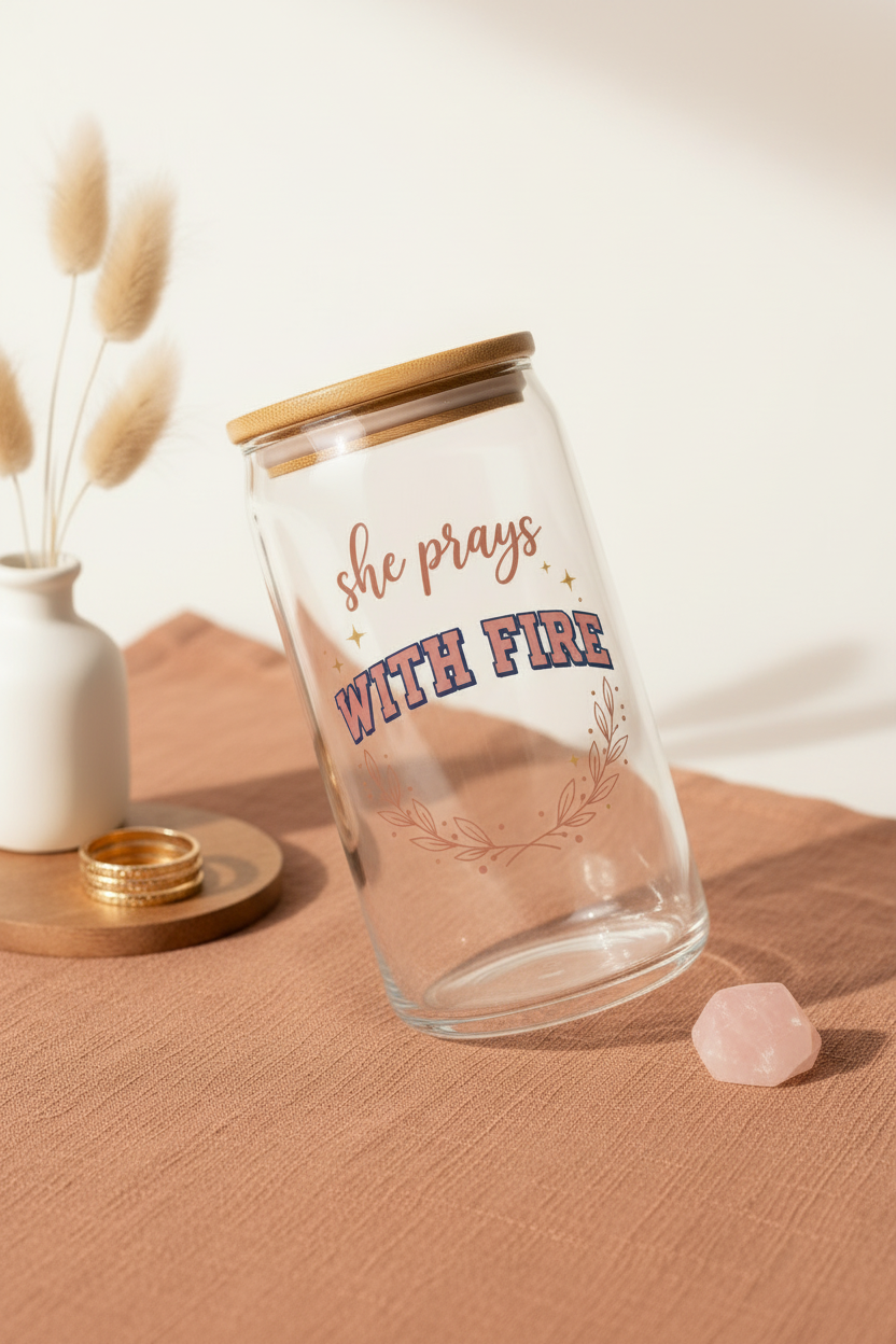 She Prays With Fire clear glass bamboo lid tumbler angled shot on terracotta linen with pampas grass
