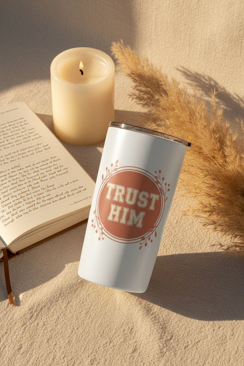 TRUST HIM 20oz faith tumbler styled with journal, candle and pampas grass