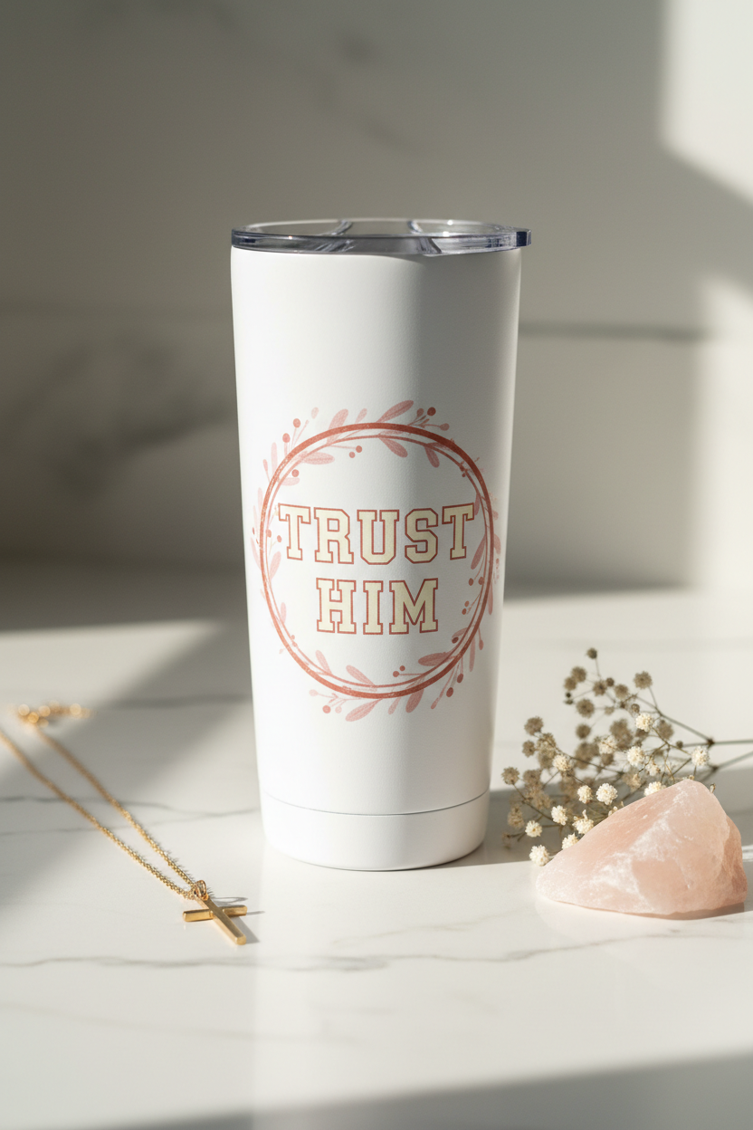TRUST HIM 20oz white skinny faith tumbler on marble with gold necklace and crystals