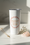 TRUST HIM 20oz white skinny faith tumbler on marble with gold necklace and crystals