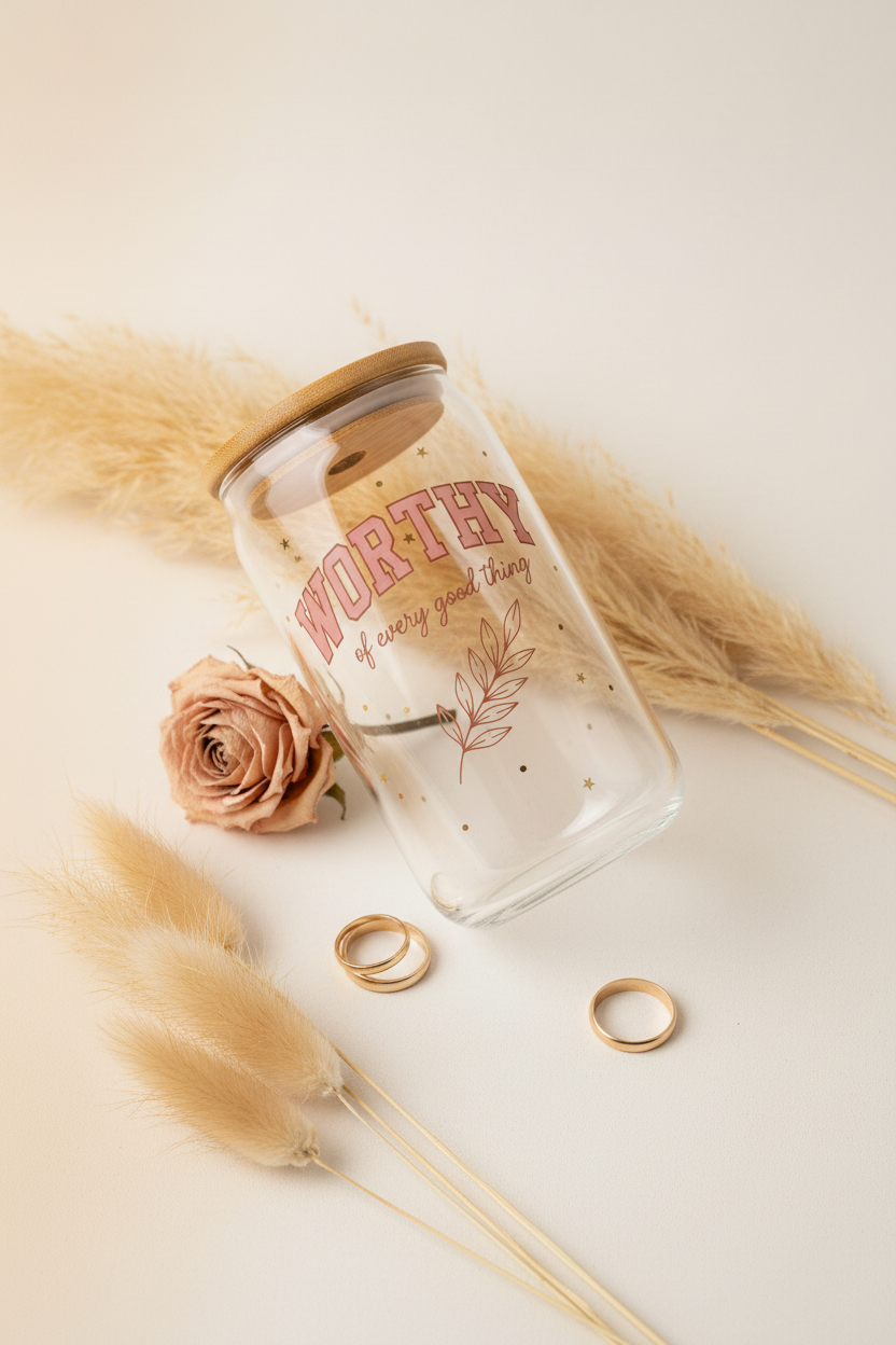 WORTHY clear glass bamboo lid tumbler angled shot on cream surface with rose and gold rings
