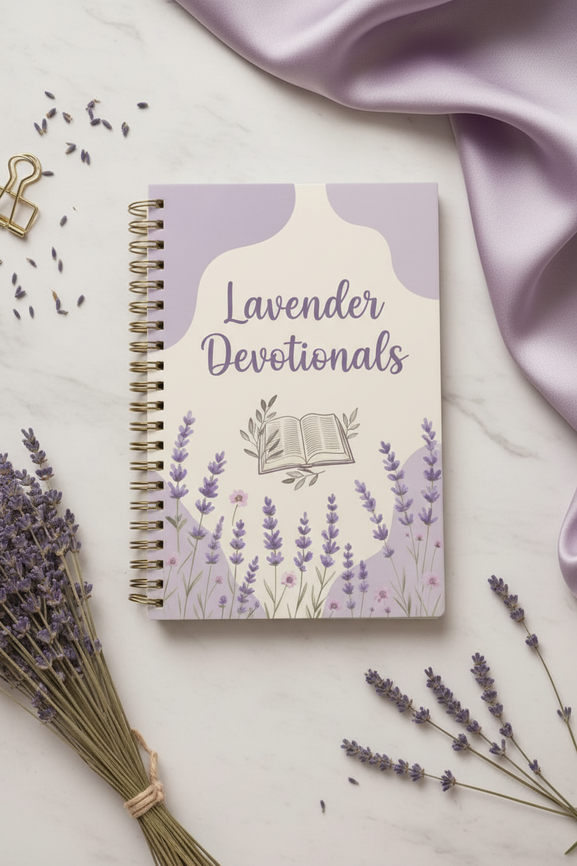 Lavender Devotionals spiral journal with soft purple botanical cover and watercolour lavender flowers
