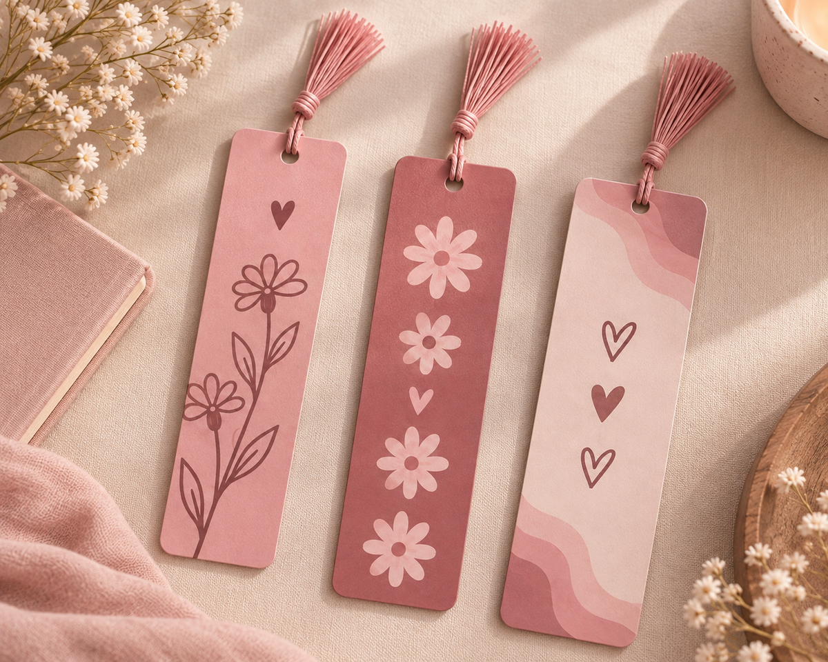 Pink Tassel Bookmark Set of 3 - Botanical Daisy Hearts