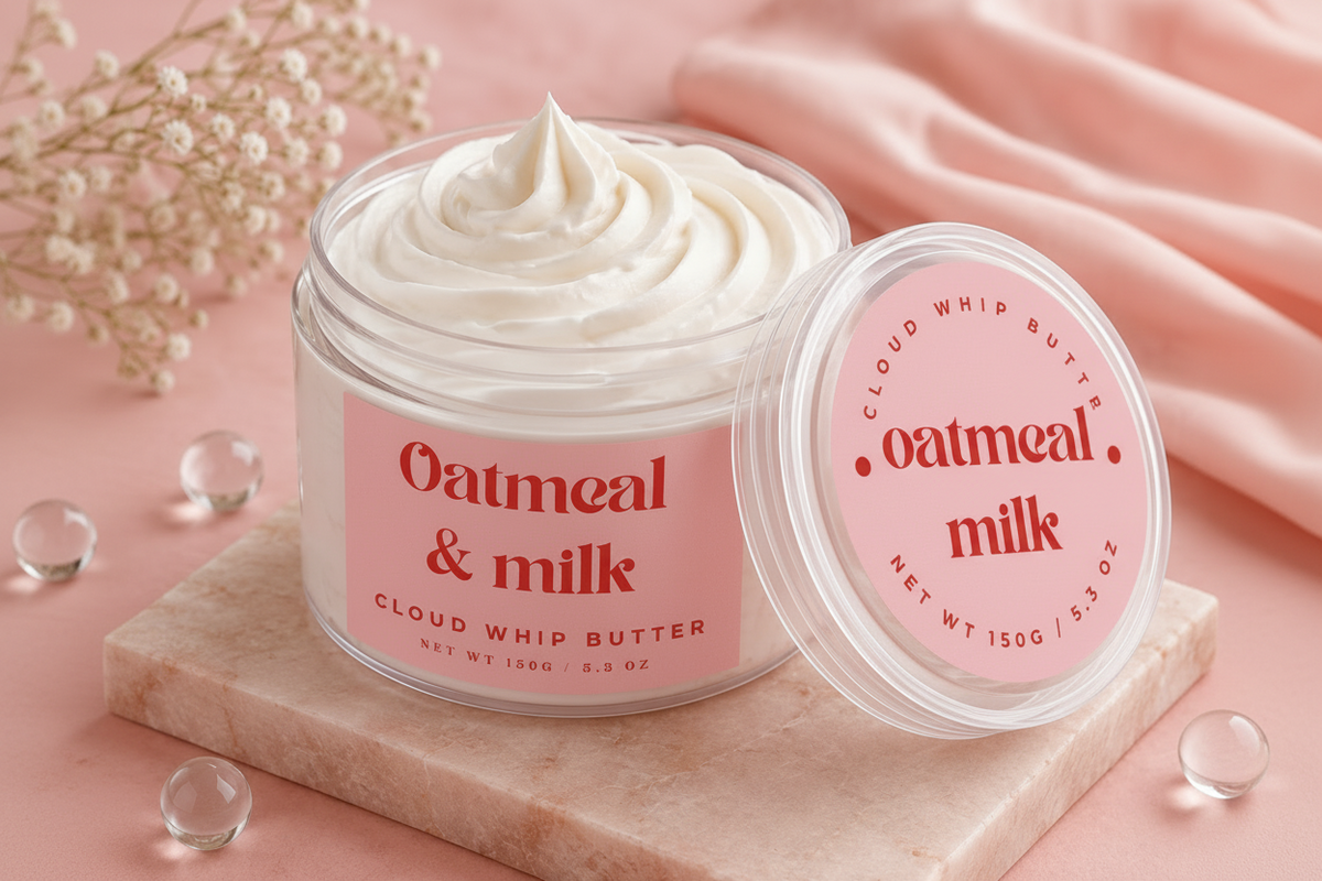 Oatmeal and Milk Cloud Whip Butter 150g jar open showing white whipped texture with lid