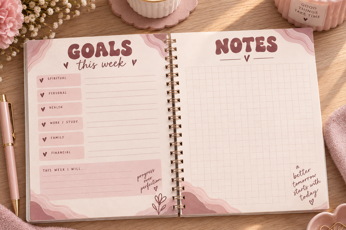 Weekly Planner goals and notes pages – spiritual, personal, health, family and financial goal sections