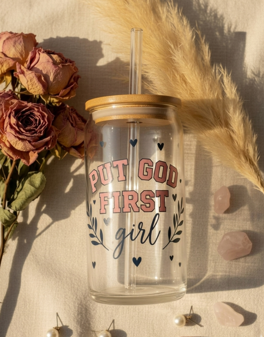 Put God First Girl bamboo Glass Tumbler