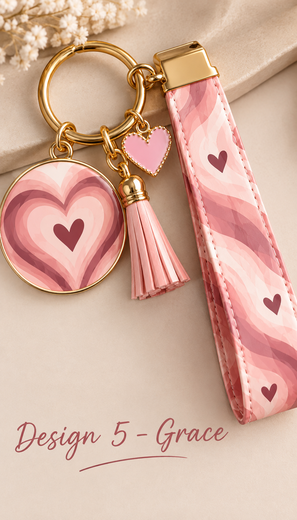 Grace Pink Heart Keychain and Wristlet Set