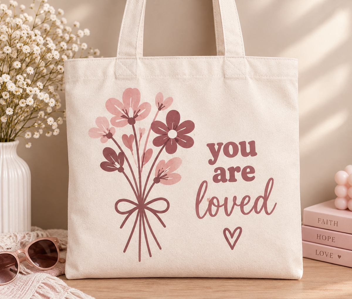 You Are Loved Canvas Tote Bag – cream canvas with pink floral bouquet and faith message by LM Creates