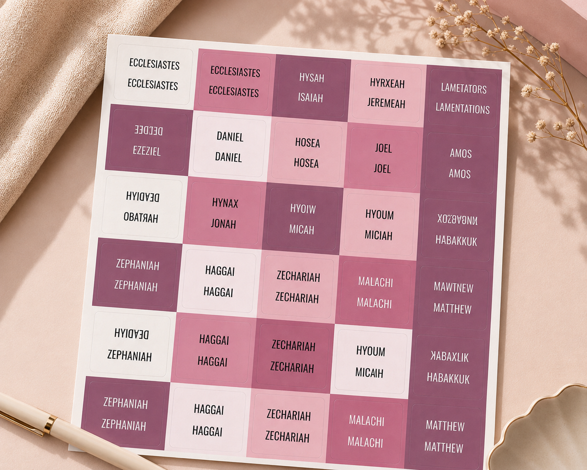 Bible Tabs – dusty rose and purple design showing books of the Bible