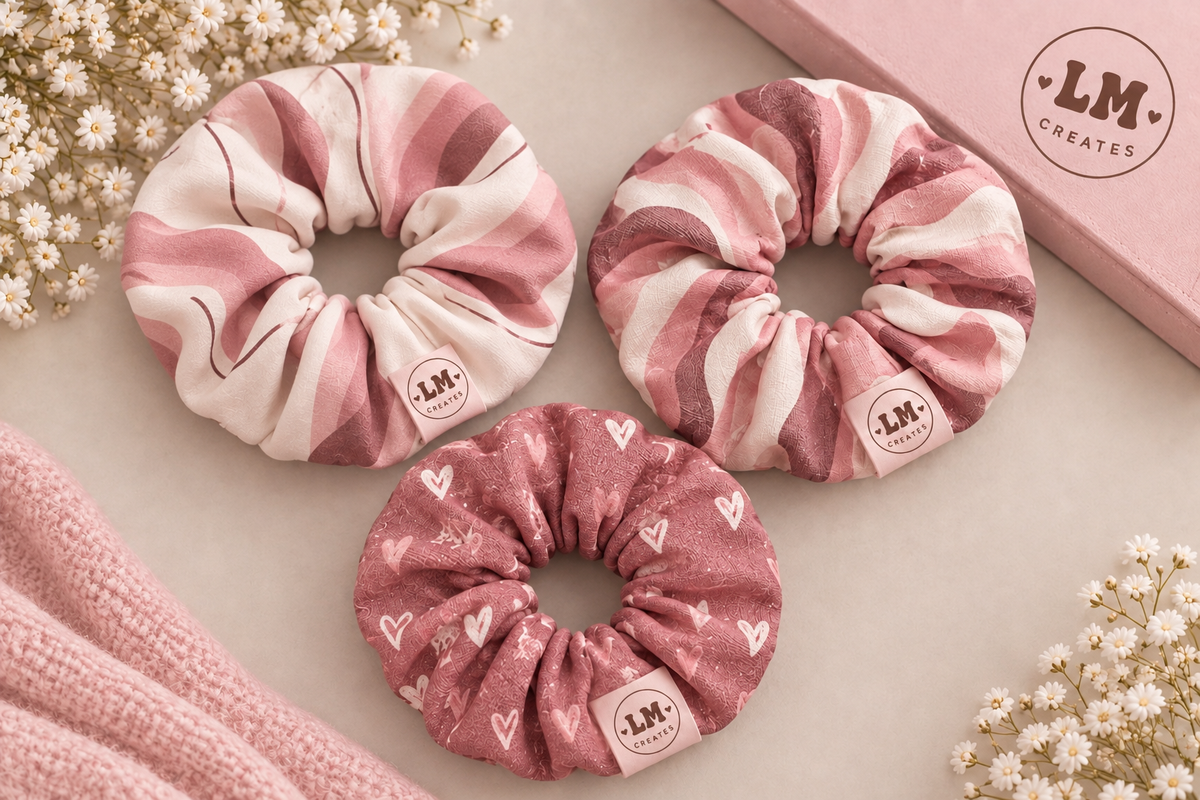 Sweet Stripes & Hearts Scrunchie Set – pink stripe and dusty rose heart print scrunchies by LM Creates