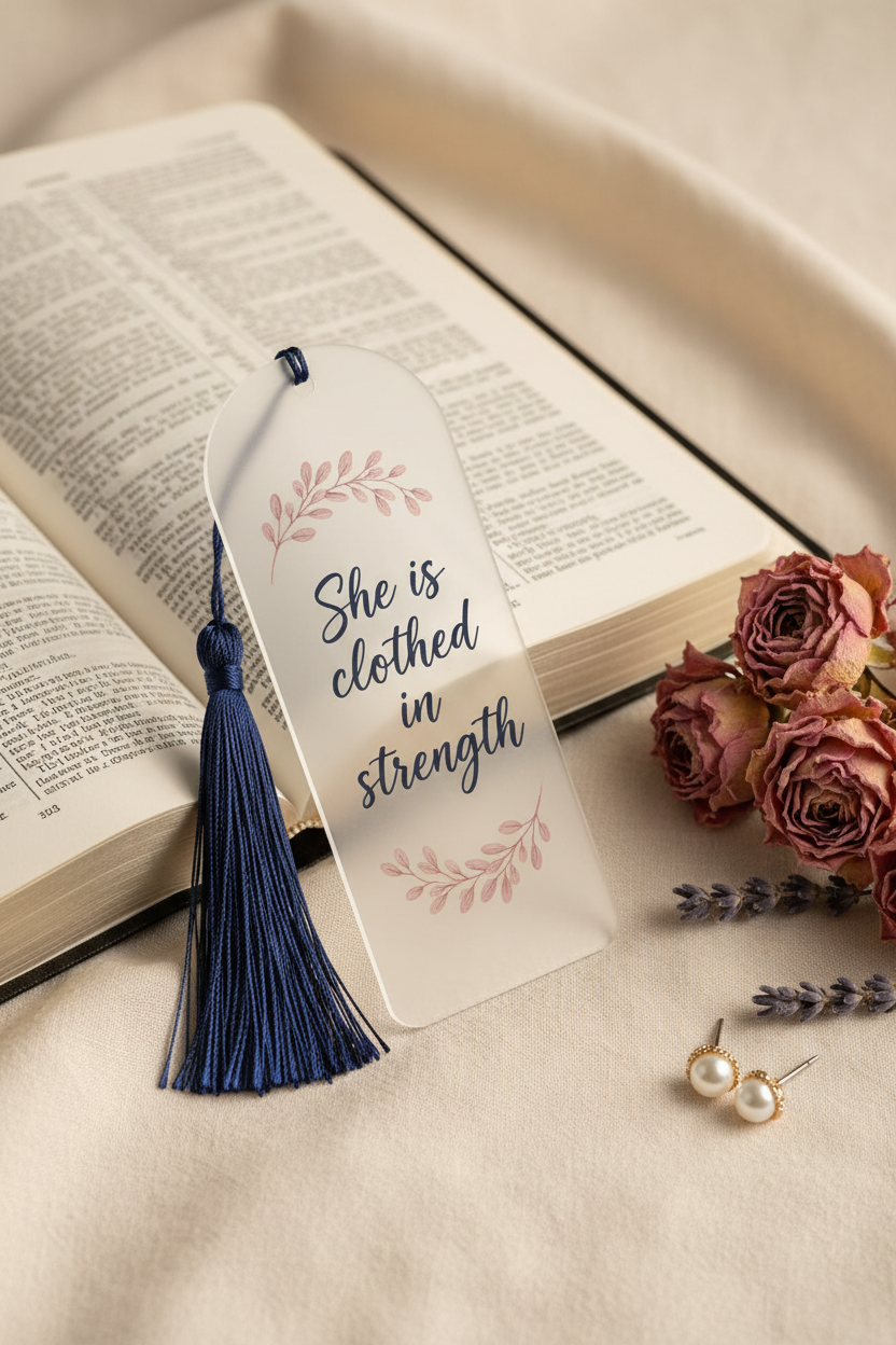 She is Clothed in Strength Acrylic Bookmark with Tassel
