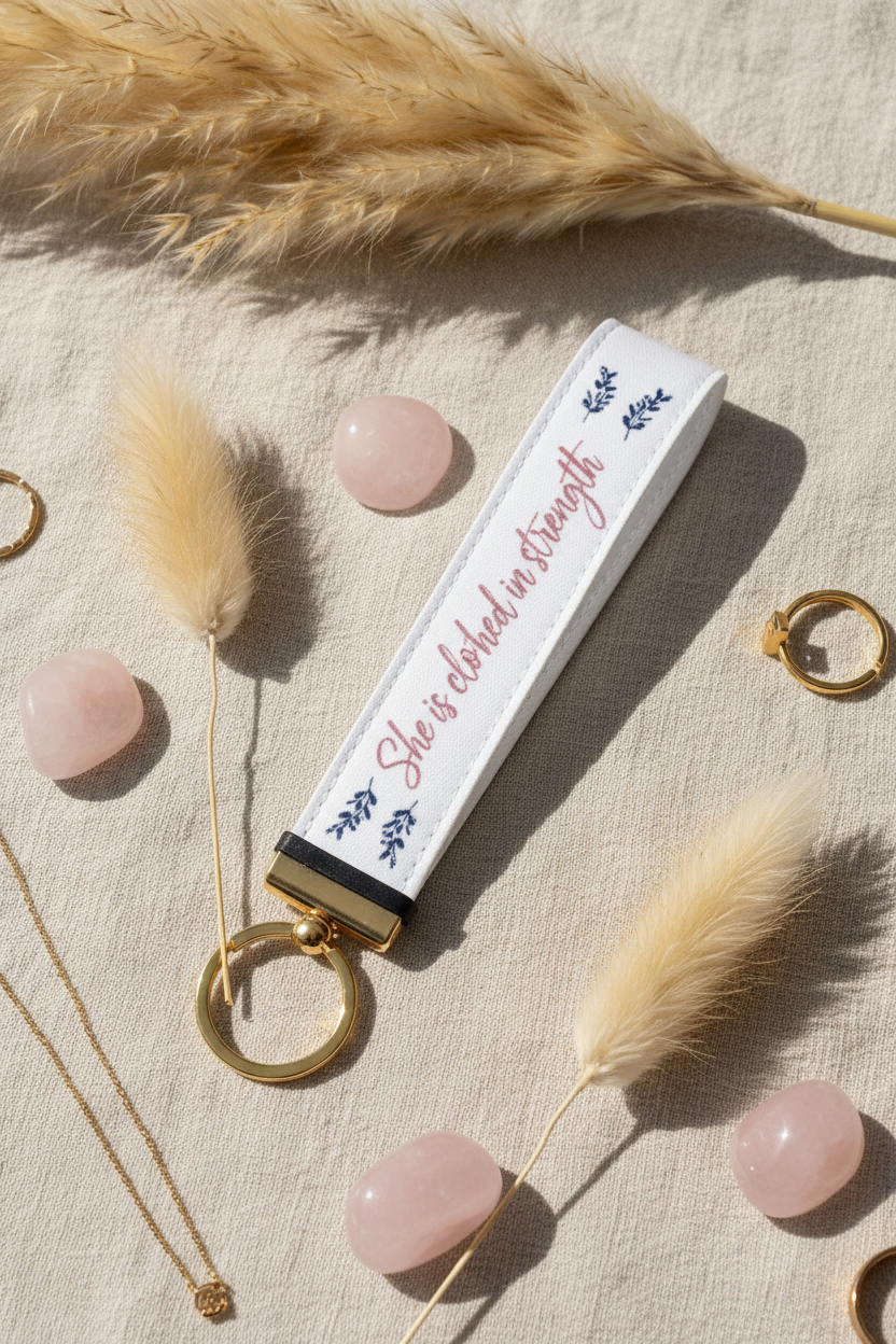 She is Clothed in Strength Wristlet Keychain