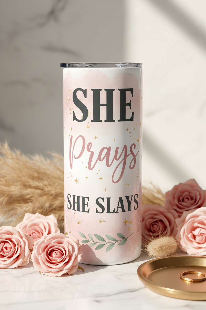 She Prays She Slays Skinny Tumbler | 20 oz