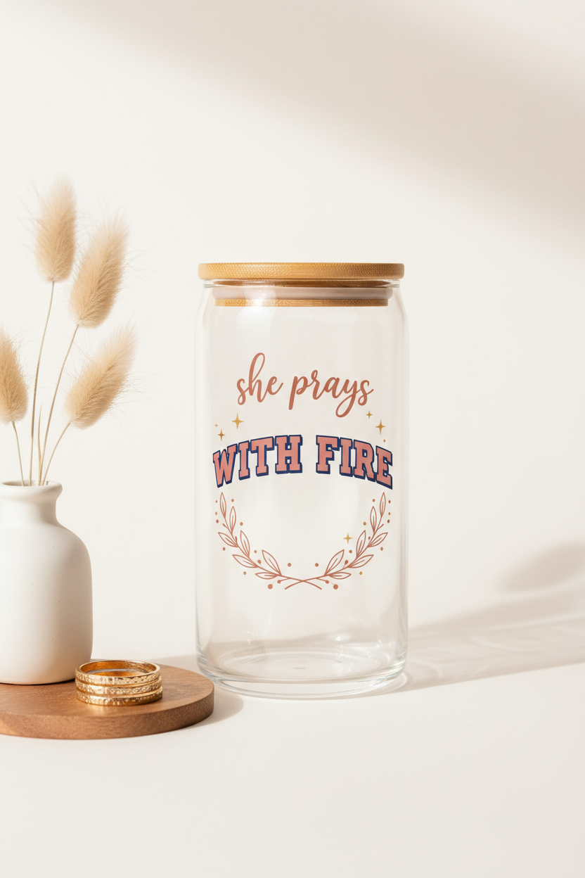 She Prays With Fire Glass Tumbler